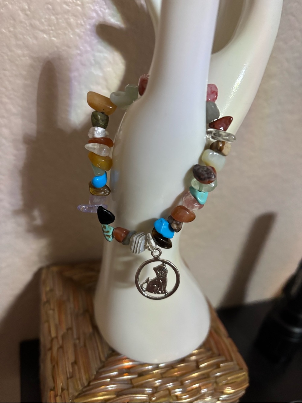 Multicolor Stone Chip Bracelet with Silver Cat Medallion